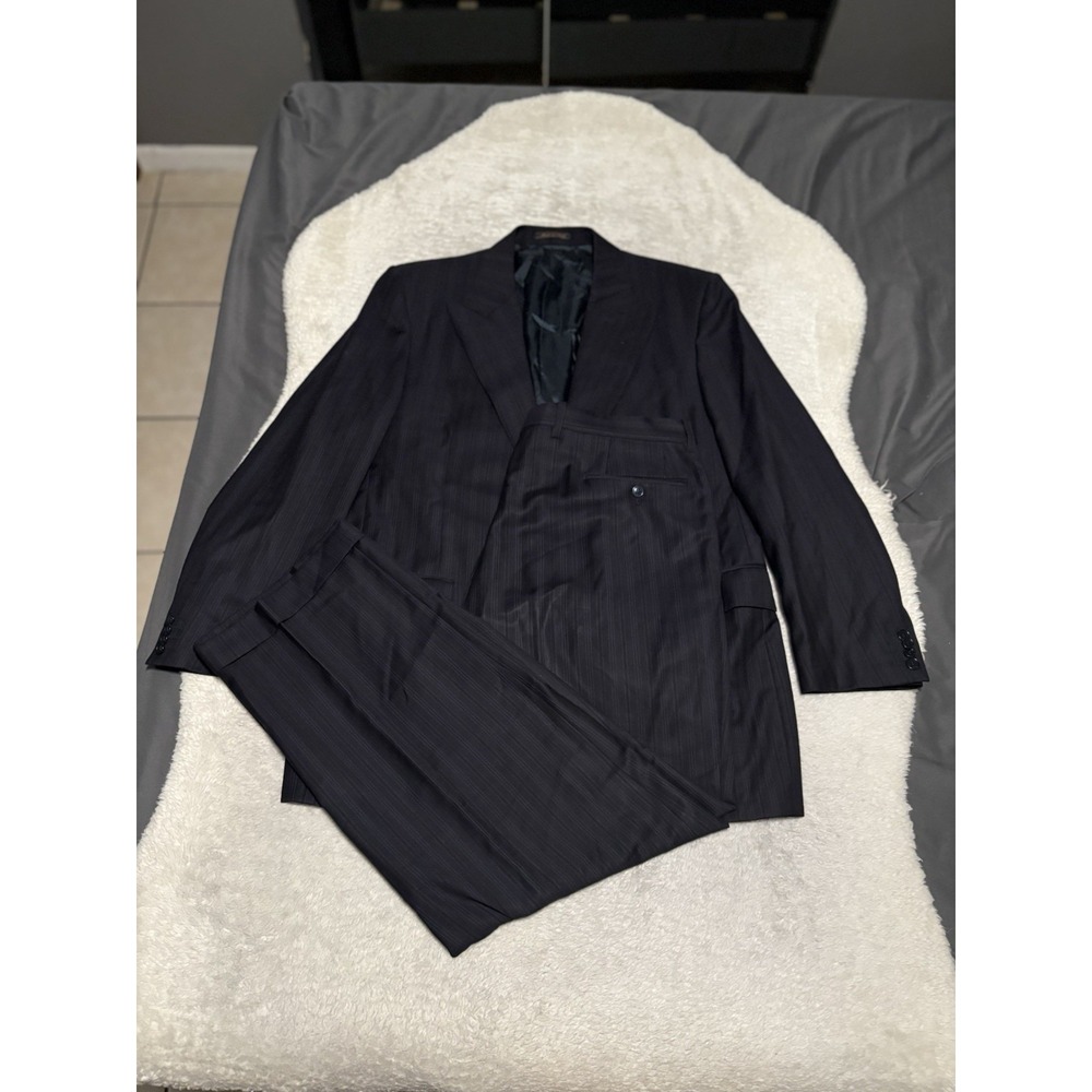 Trussini Suit 2-Piece Men's 44R - 38W x 31L Black Striped Wool Super 100's Italy